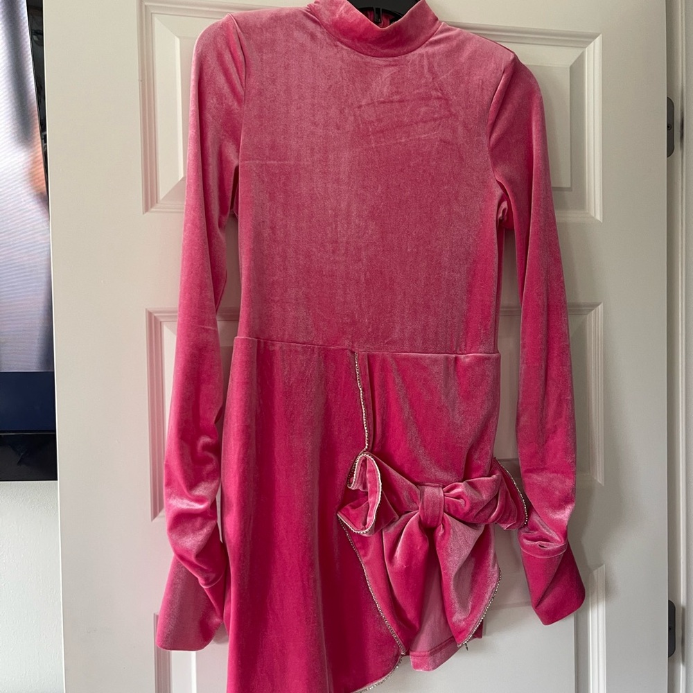 PRETTYLITTLETHING Pink Velvet Long Sleeve Dress with Bow